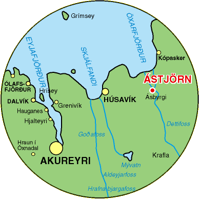 Kort af Norðurlandi sem sýnir Ástjörn.